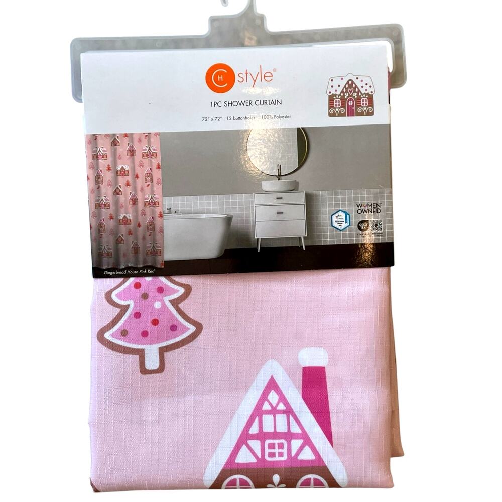 Christmas GINGERBREAD HOUSE Shower Curtain 72x72 Pinkmas Holiday Glam NEW